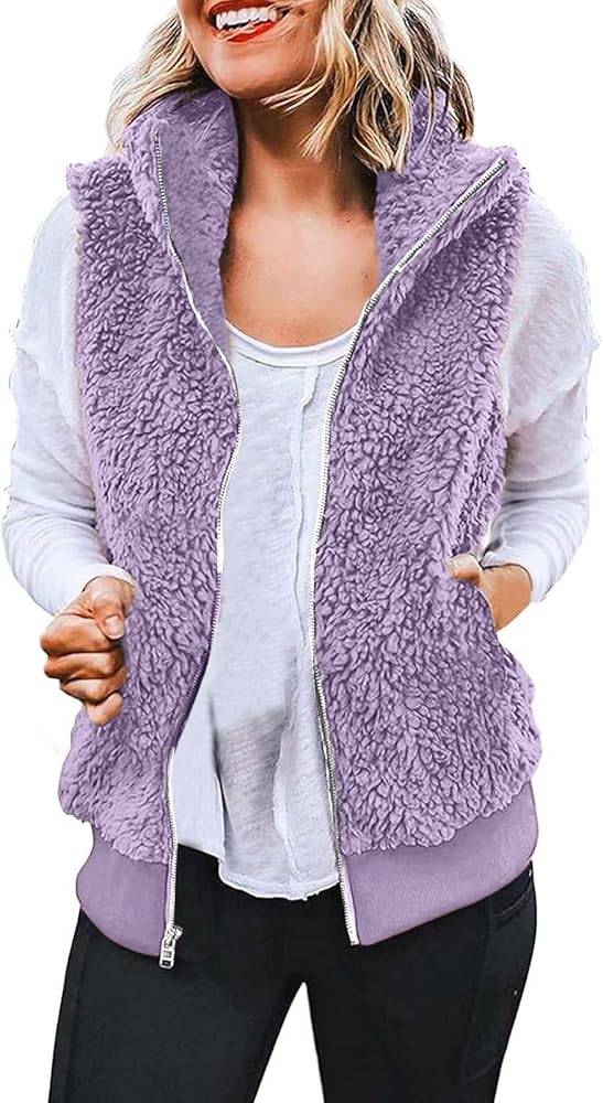 Plus Size Cozy Sherpa Waistcoat Women Casual Full Zip up Solid Sleeveless Jackets Winter Warm Vest Coat S-5XL