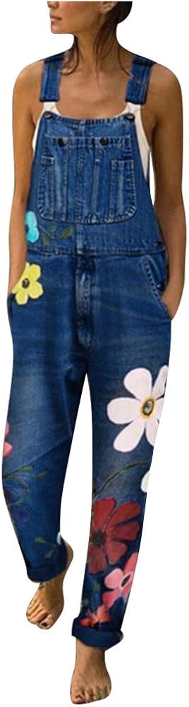 Denim Overalls Jumpsuit Casual Floral Printed Baggy Loose Bib Jeans Pants Rompers with Pockets