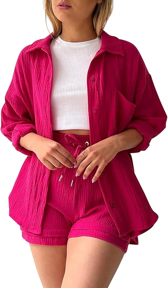 Womens Two Piece Outfits Sets Short Sleeve Oversized Shirts And Pants Fall Tracksuit 2023 Trendy Clothes