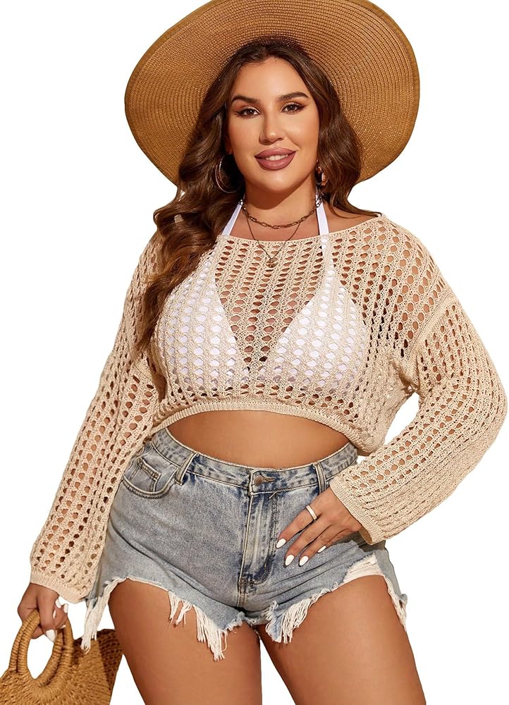 Milumia Women's Plus Size Crochet Long Sleeve Coverup Sheer Crop Top Bikini Cover Ups