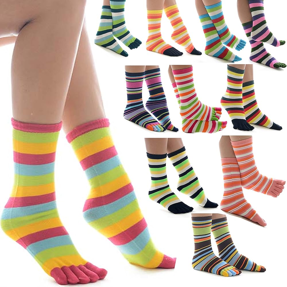 3 Pairs Women's Toe Socks Five Finger Casual Calf Crew 9-11 Striped Multi Colors