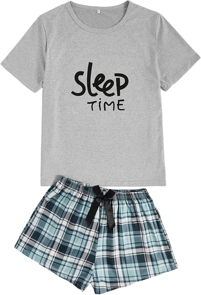 SweatyRocks Women's Cute Graphic Print Short Sleeve Crop Top With Shorts Pajama Set