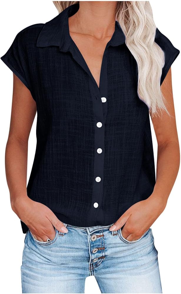 Womens Tops Dressy Casual Short Sleeve Cap Sleeve Womens Plus Size Tshirts Solid Color Button Down Dressy Blouses