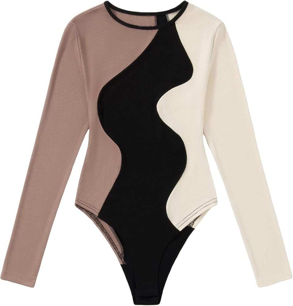 GORGLITTER Women's Color Block Long Sleeve Thong Bodysuit Ribbed Knit Round Neck Leotard Tops