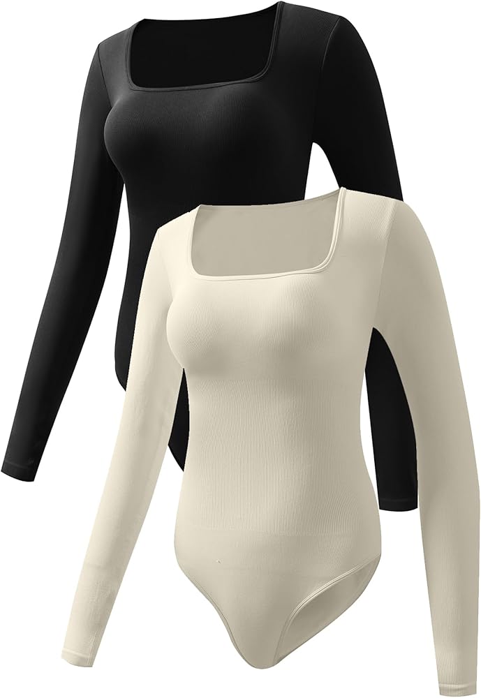 Square Neck Bodysuits for Women Long Sleeve Tops Sexy Ribbed Going Out Sexy Thong Ribbed Bodysuits Shirts 2 Pack