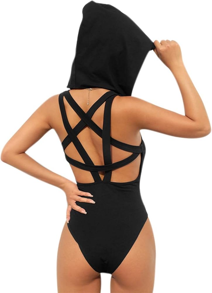 JUMISEE Women Rave Pentagram Bodysuit Jumpsuit Sexy Hoodie Festival Clothing Romper for Dance Party Clubwear