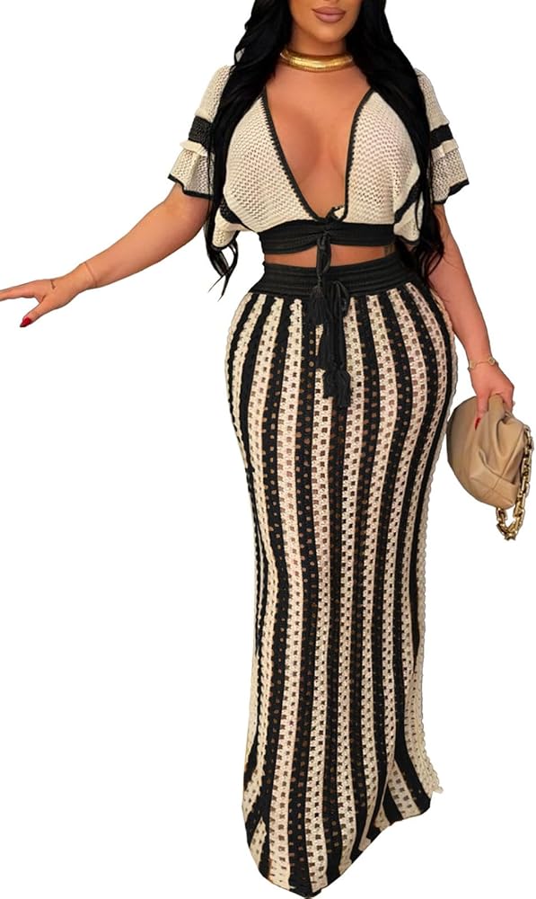 KANSOON Crochet Skirt Sets Women 2 Piece Outfits Knit Striped Hollow Out Short Sleeve V Neck Drawstring Top Maxi Skirts Set