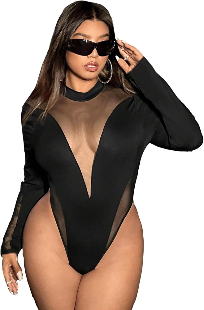 WDIRARA Women's Plus Size Contrast Mesh Mock Neck Long Sleeve Party Tee Tops Bodysuit