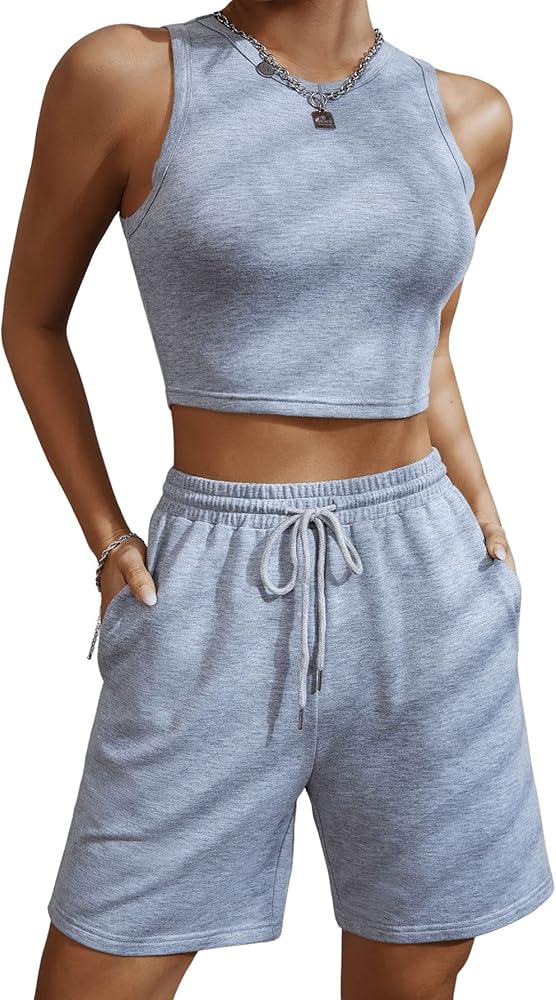 SweatyRocks Women's 2 Piece Outfits Solid Round Neck Crop Tank Top with Drawstring Track Shorts Set