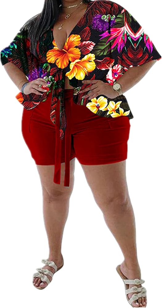 MRSYVES Plus Size 2 Piece Outfits for Women Summer Boho Ruffle Front Tie Knot Crop Top Shorts Set Floral Print Beach Cover Up Red XXL