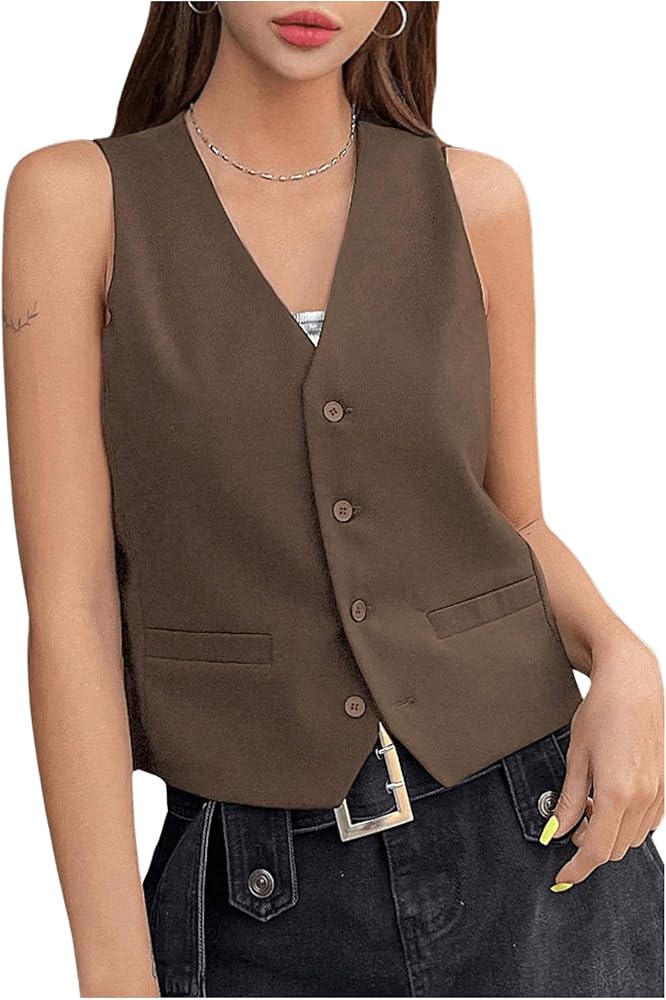 Milumia Women's Sleeveless Blazer Vest V Neck Button Front Jacket Short Work Business Vest