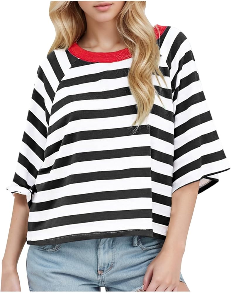 Women's Casual Striped Tee with Drop Shoulder Sleeves Crop Top Spandex Bodysuit Women