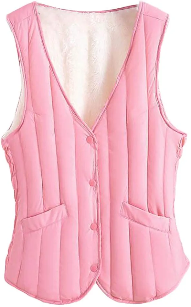 Women V-neck Padded Waistcoat Autumn Bodysuit Vest Winter Warm Quilted Vest Sleeveless Jacket,Pink