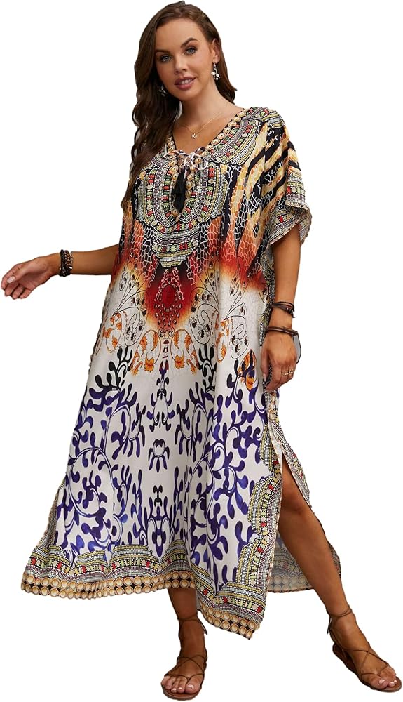 caftans for women floral Print Kaftan with tie Waist Vneck Cover ups Half Sleeve Swimsuit Cover ups Soft Lightweight Bathing Suit Cover ups vneck Side Split Caftans for Lounge wear (21083-21)