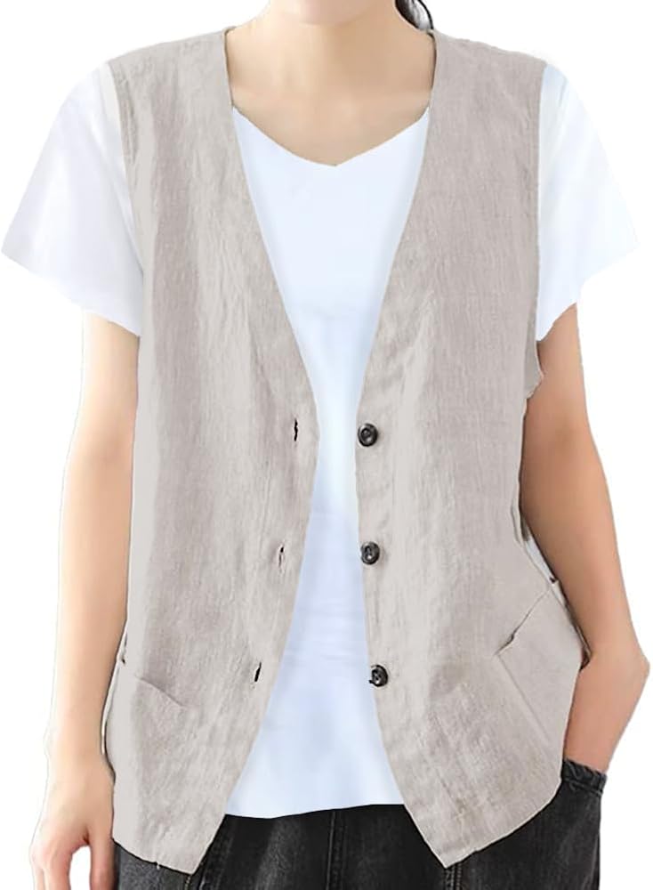 IDEALSANXUN Womens Cotton Linen Vest Casual Sleeveless Blazer Cardigans Lightweight Jacket Waistcoat