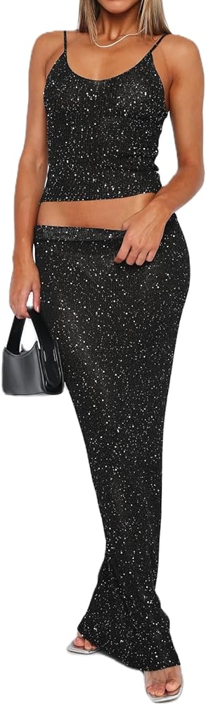 Women Sexy Glitter 2 Piece Skirt Sets Spaghetti Strap Crop Cami Sparkly Long Skirt Knit Bodycon Party Clubwear