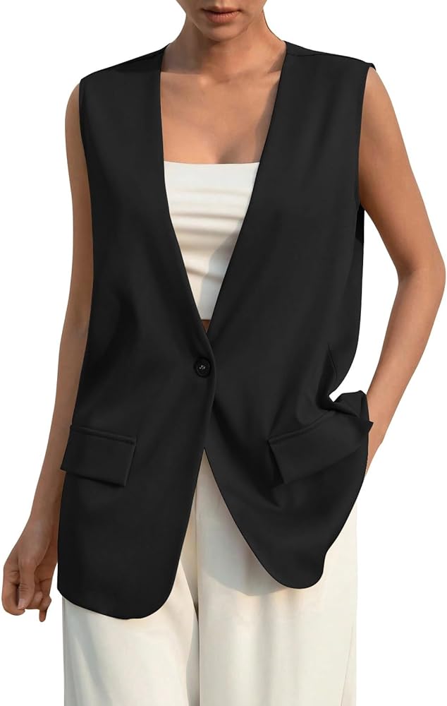 Women's Sleeveless Blazer Vest Tops Lightweight Casual Single Button Waistcoat Open Front Work Office Vests