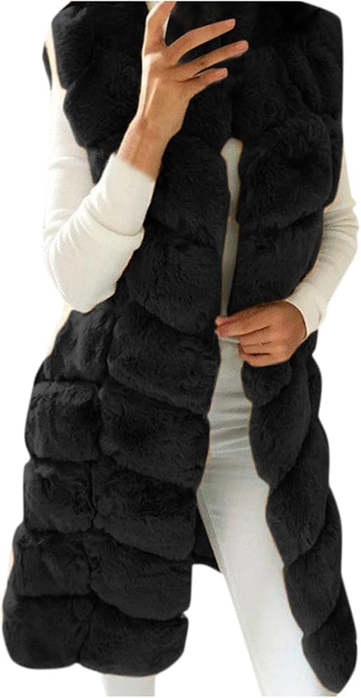 Womens Vest Coat Faux Fur Long Jacket Winter Warmer Outwear Gilet Plus Size Plush Waistcoat Sleeveless Cardigans