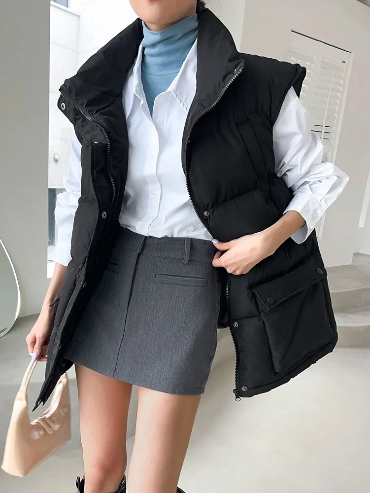 Women's Coat Jacket Warm Comfortable Flap Pocket Zipper Vest Puffer Coat Fashion Charming Unique Lovely (Color : Black, Size : Small)