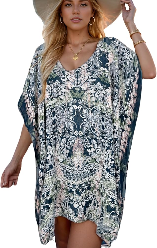 Moss Rose Women's Beach Kaftan Dresses Kimono Swimsuit Cover up for Bathing Suit with Floral Pattern