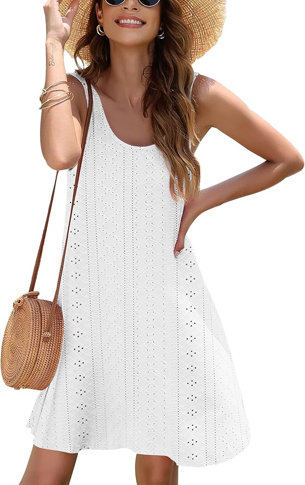 Women's Summer Eyelet Casual T Shirt Dresses Loose V Neck Sleeveless Tank Sundresses Swimsuit Beach Cover up