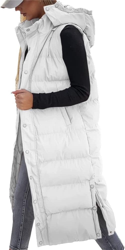 Tankaneo Women's Sleeveless Long Quilted Vest Hooded Button Down Puff Vest Cotton Padded Jacket Winter Outerwear