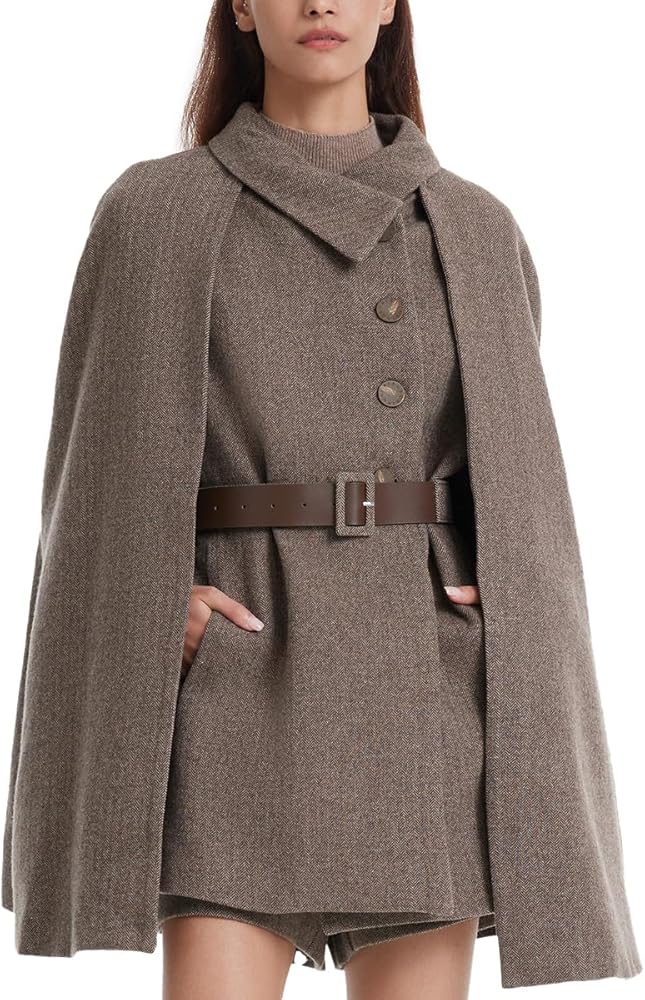 Womens Winter Washable Wool Cloak Coats And Flap Neck Button Vest Two-Piece Set with Belt Plus Size Coat Outerwear