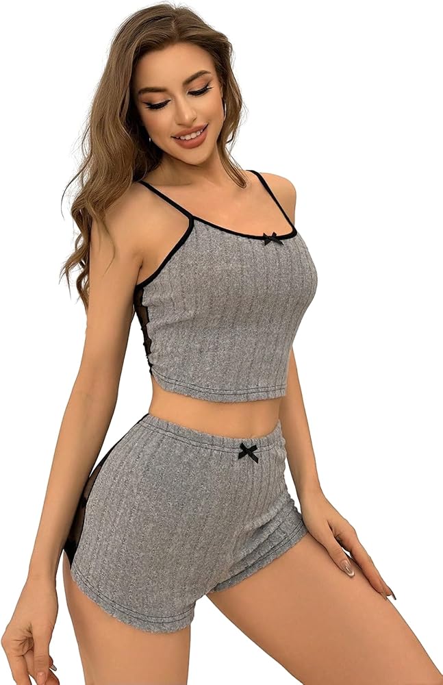 SOLY HUX Women's 2 Piece Contrast Mesh Pajama Set Cami Top and Shorts Lounge Sleepwear