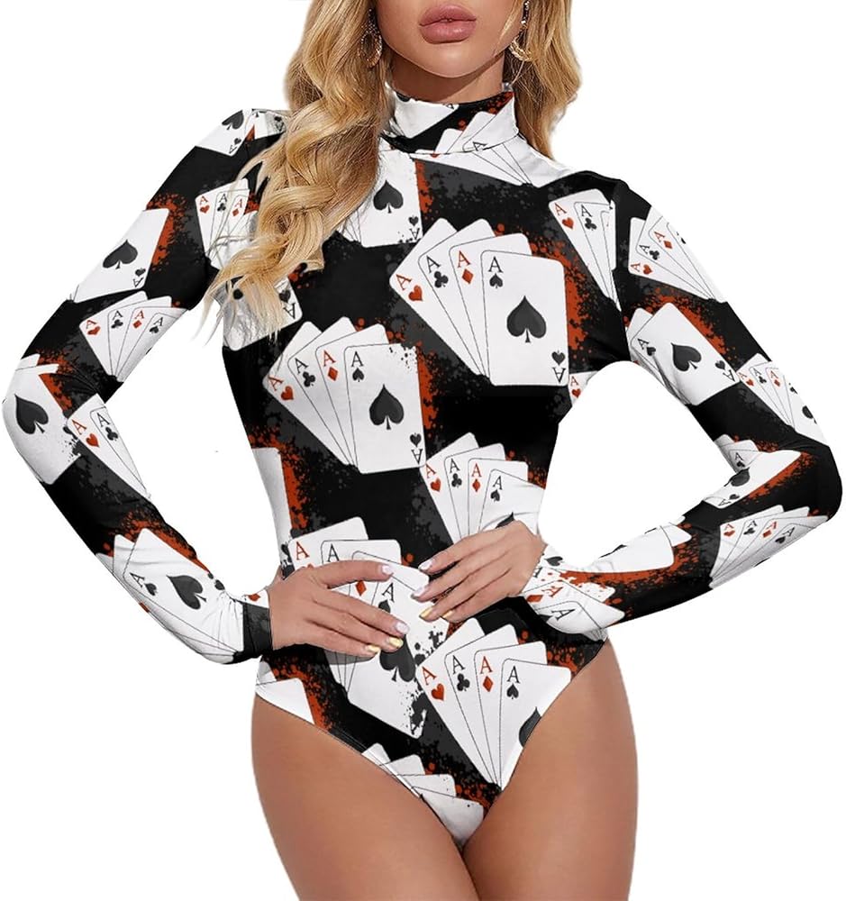 Four Aces Poker Playing Cards Women's Sexy Bodysuit Long Sleeve Tops Mock Turtle Neck T Shirts 1-Piece