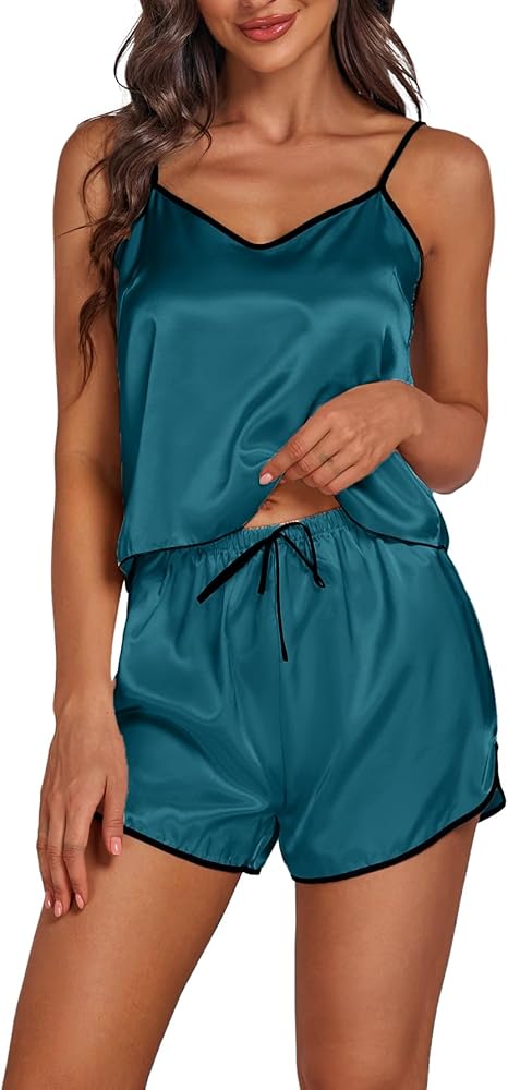 LYANER Women's Satin Silk Pajamas V Neck Cami Top with Shorts PJ Sst Sleepwear