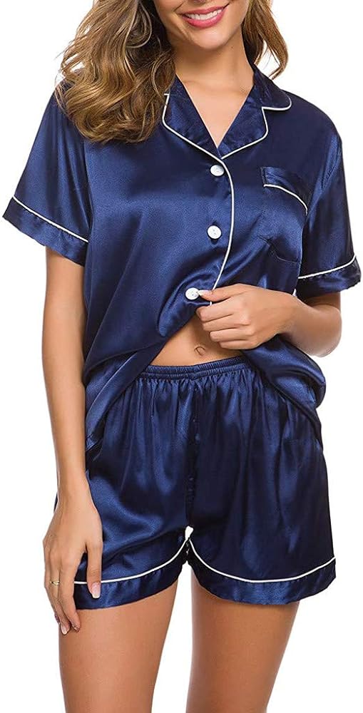 Cbcbtwo 2 Piece Pajama Set for Women Soft,Silk Lapel Button Down Tops and Loose Shorts Summer Casual Loungewear with Pockets