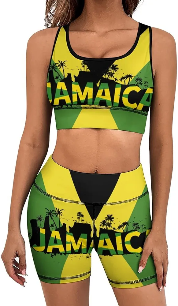 Yoga Suit Jamaican Flag Women's Yoga Outfit,2 Piece Set Gym Clothes Sports Bra and Shorts Leggings Set M