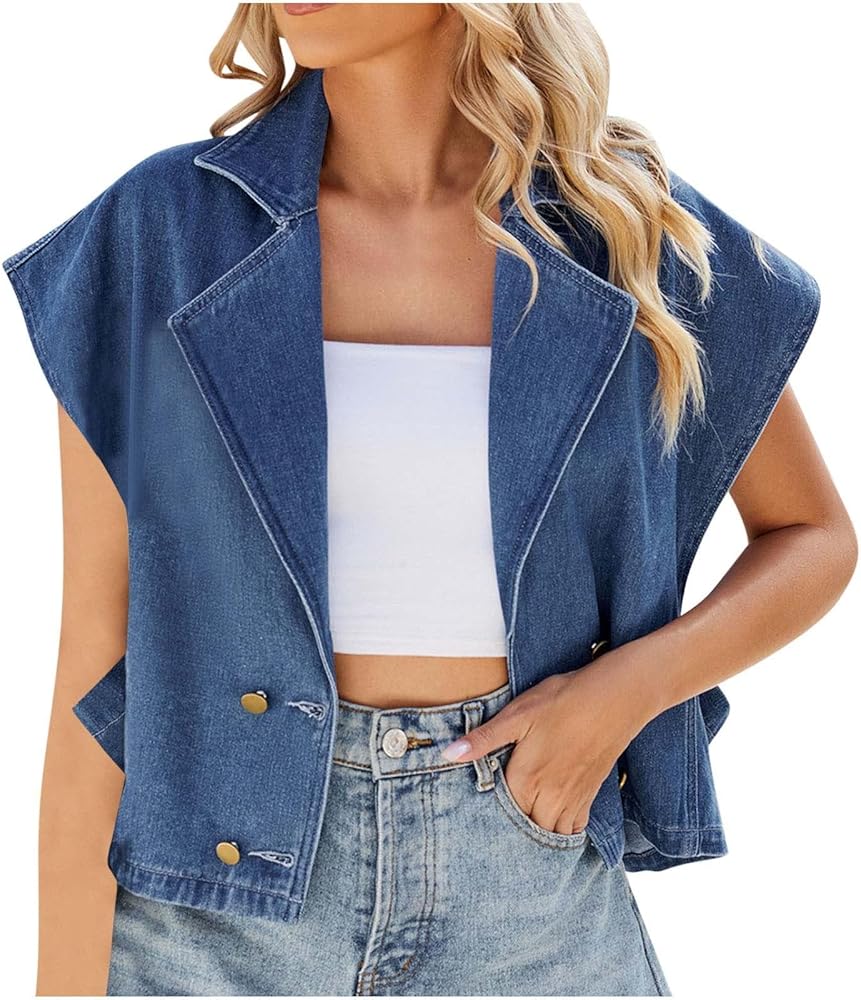 Womens Vintage Denim Vest Y2K Summer Cropped Sleeve Crop Tops Button Down Cardigans Denim Waistcoat Western Jackets