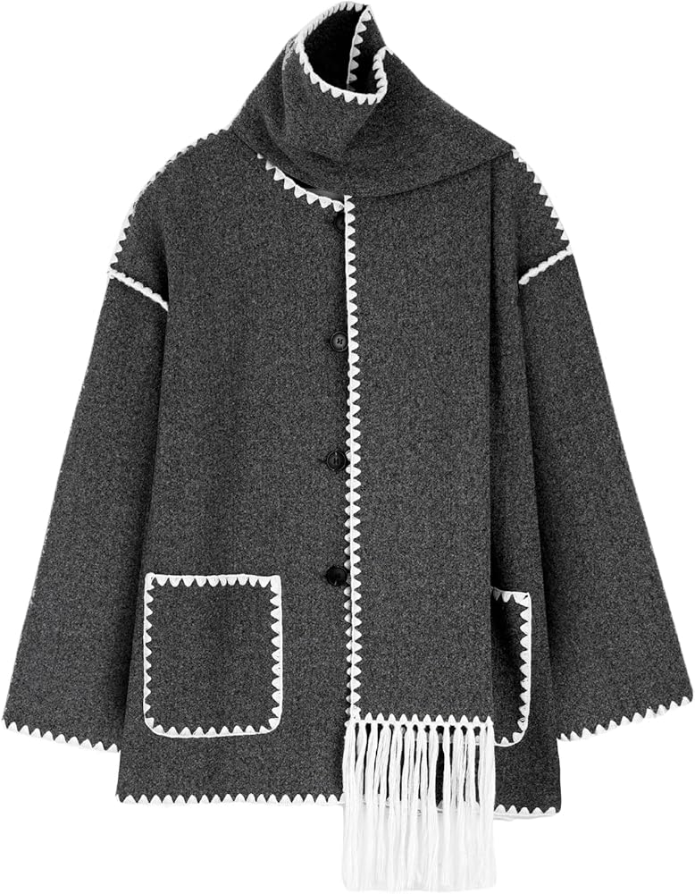 Women's Embroidered Scarf Jacket Oversized Button Down Wool Blend Coat Mid Long Outerwear with Tassel Scarf(Dark-Grey-S)