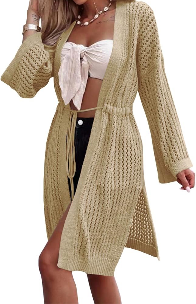 Langwyqu Women's Lightweight Summer Cardigan Sweaters Crochet Knit Long Sleeve Drawstring Open Front Hollow Out Coverup