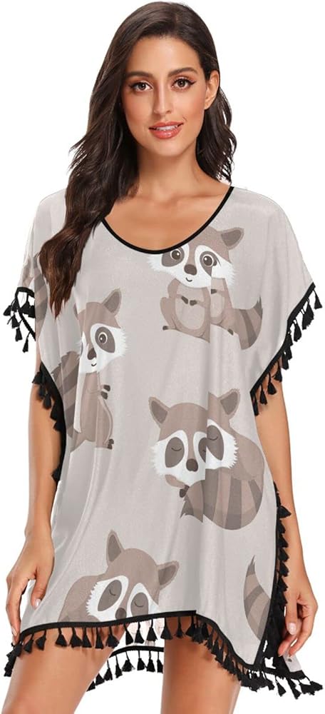 Cute Animals Raccoon Bathing Suit Cover Ups for Women Beach Swimsuit Cover up Beachwear S