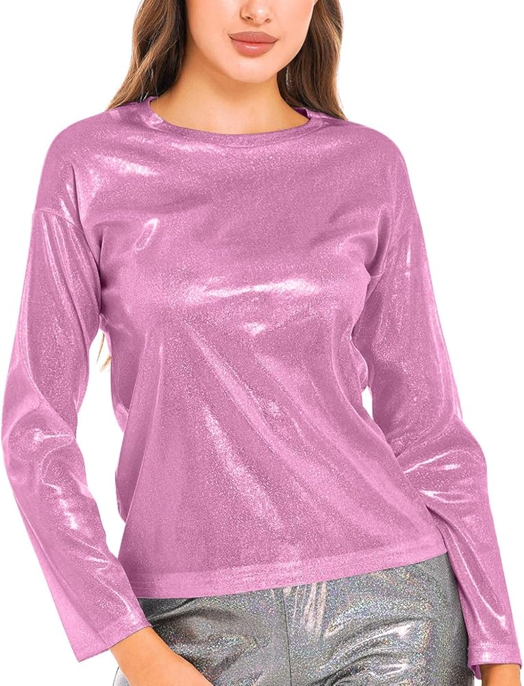 Shiny Sequin Tops for Women Metallic Holographic Crewneck Long Sleeve Blouse Shimmer Glitter Sparkle Party Disco Club T-Shirt