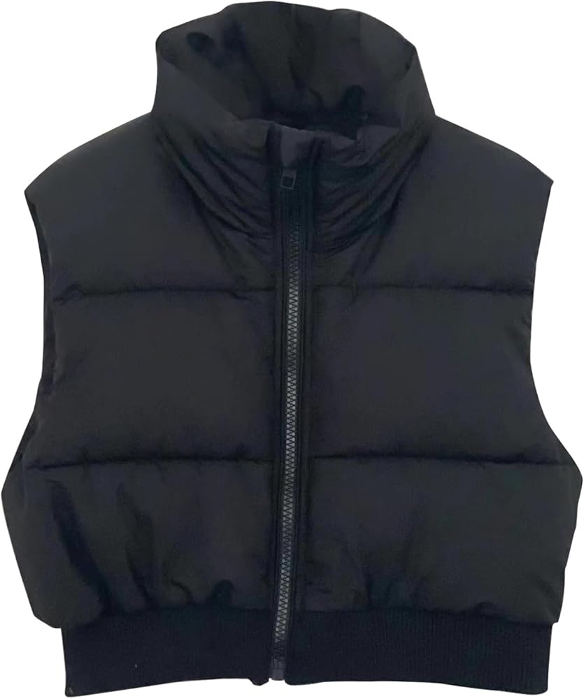 Women's Cropped Puffer Vest Quilted Gilet Winter Padded Full Zip Vest Stand Collar Sleeveless Jacket Warm Vests Gilet