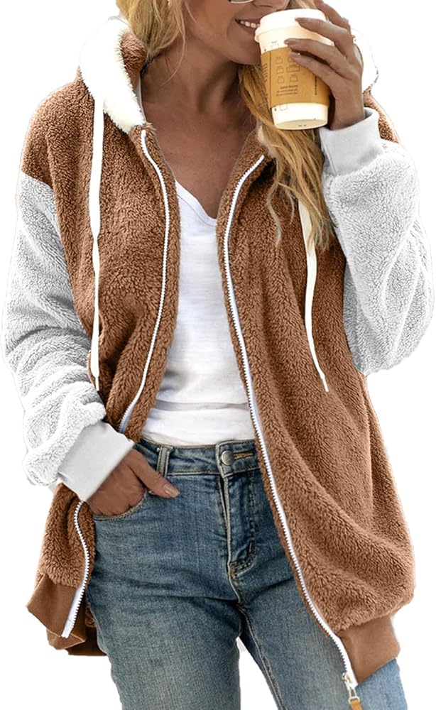 Womens Winter Fuzzy Fleece Jacket Hooded Color Block Zip Up Cardigan Oversized Fluffy Sherpa Jackets Outerwear