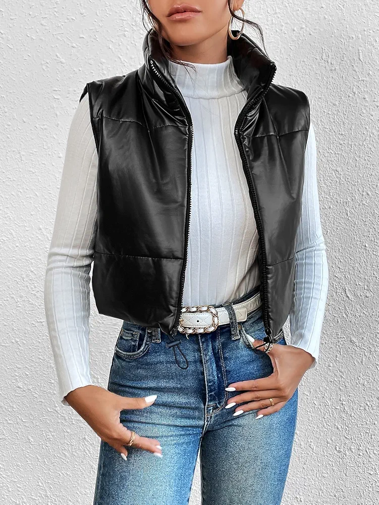 Women's Coat Jacket Warm Comfortable Zip Up Leather Vest Puffer Coat Fashion Charming Unique Lovely (Color : Black, Size : Small)