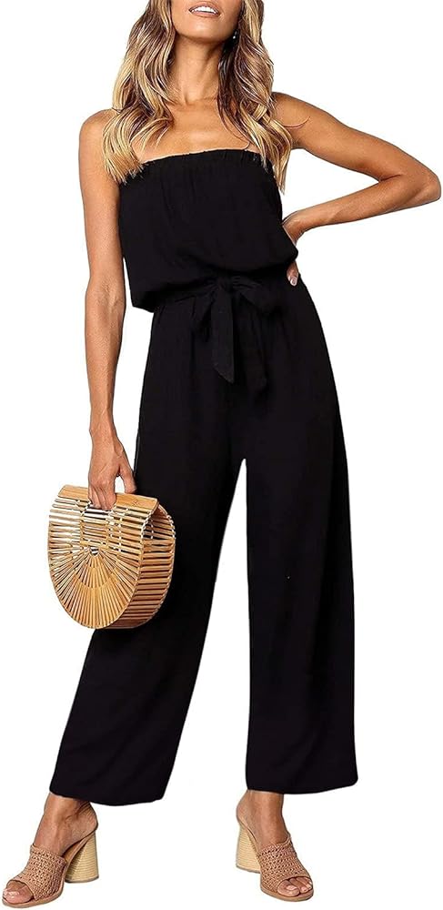 ZESICA Women's 2024 Casual Off Shoulder Solid Color Strapless Belted Wide Leg Jumpsuit Romper