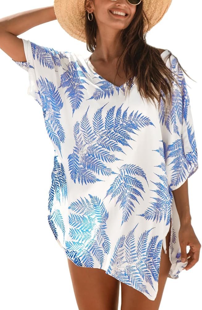 CUPSHE Women's Casual Bathing Suit Cover Ups Short Sleeve Tropical Print Swim Coverup Split Beach Tops