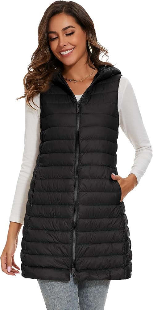 Long Puffer Vest with Hood Lightweight Down Vest Women Sleeveless Puffer Jacket Zipper