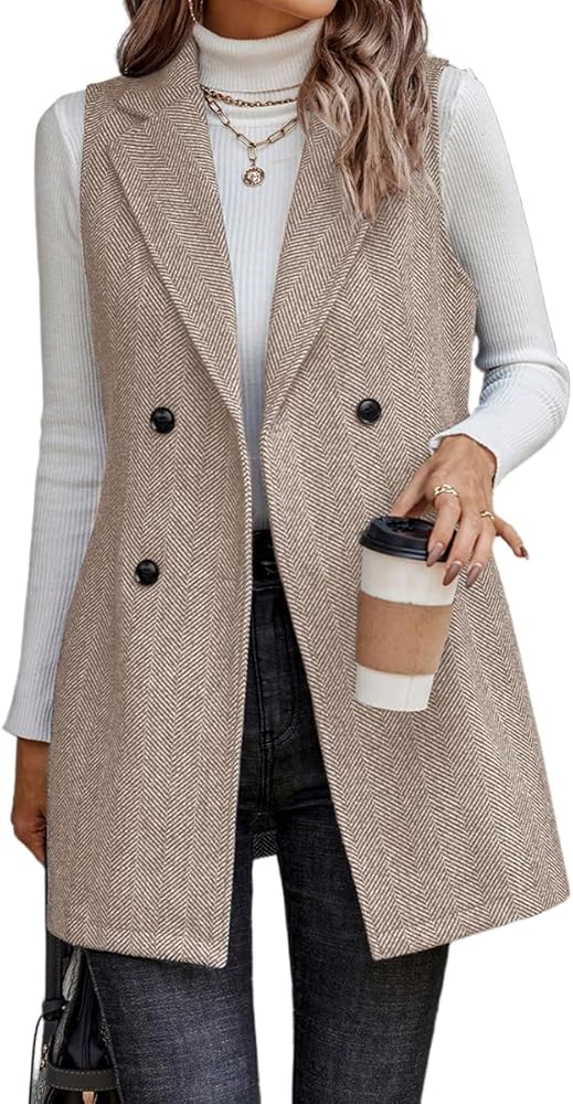 IDEALSANXUN Long Vest for Women Sleeveless Tweed Blazer Fall Jackets Cardigan Outerwear