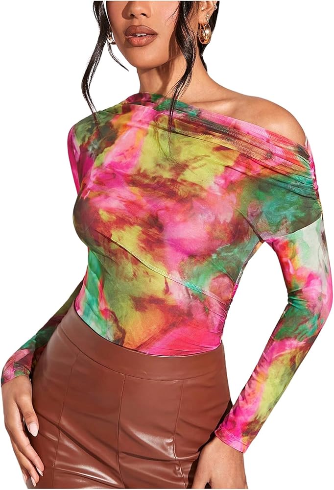 SHENHE Women's Tie Dye Ruched Long Sleeve Asymmetrical Sexy Bodysuit Shirt Tops