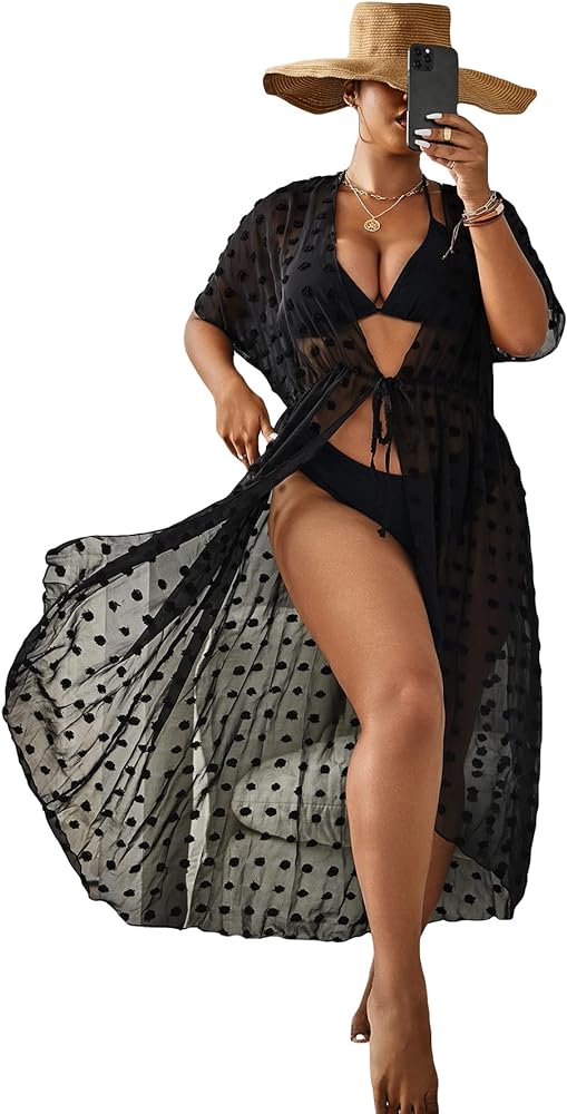 MakeMeChic Women's Plus Size Kimono Cover Up Swiss Dots Sheer Mesh Tie Waist Beach Swimsuit Cover Up