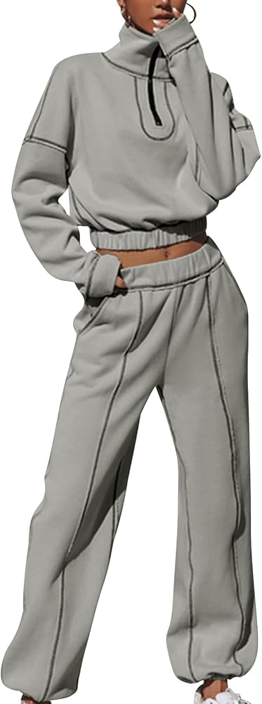 Flygo Womens Sweat Set Fleece Sweatsuit 2 Piece Outfit Half Zip Pullover Sweatshirt Joggers Tracksuit Sets