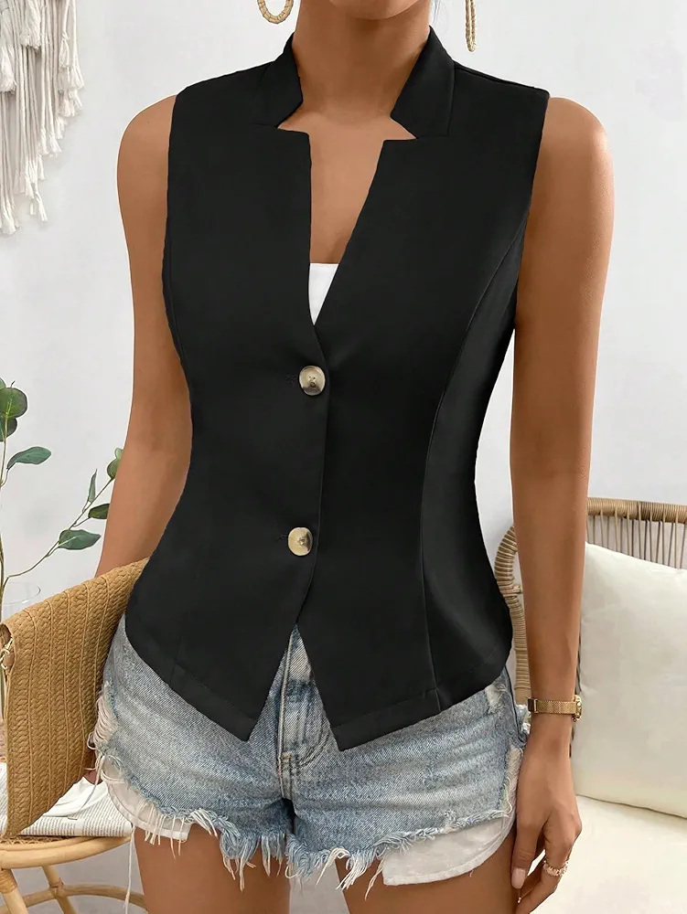 Women's Jacket Solid Button Front Vest Blazer Jacket for Women (Color : Black, Size : Medium)