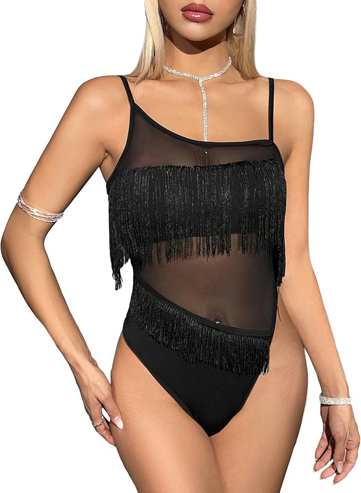 WDIRARA Women's Fringe Trim Mesh Sleeveless Spaghetti Strap Cami Party Bodysuit Tops