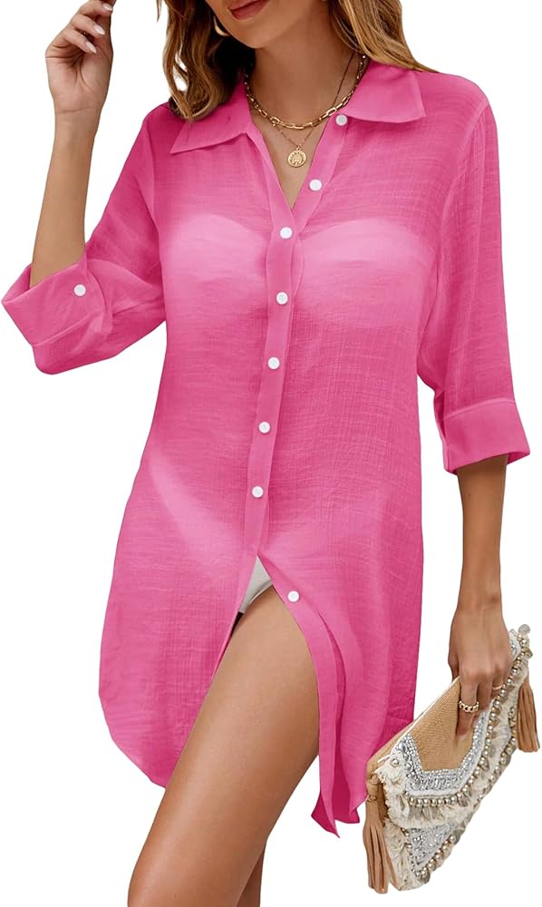 Verdusa Women's Long Sleeve V Neck Button Up Midi Cover Up Blouse Collared Mesh Kimono